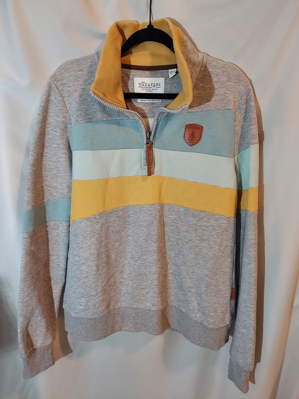 Wanakome Grey Pullover Hoodie with Yellow and Light Blue Stripes